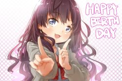 Rule 34 | 1girl, :d, black hair, blue eyes, blush, bow, commentary request, gradient background, grey jacket, happy birthday, ichinose shiki, idolmaster, idolmaster cinderella girls, index fingers raised, jacket, koi dance, long hair, looking at viewer, open clothes, open jacket, open mouth, outstretched arm, plaid, plaid bow, polka dot, polka dot background, purple background, red bow, shirt, smile, solo, upper body, very long hair, white background, white shirt, yukie (kusaka shi)