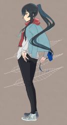 Rule 34 | 1girl, alternate costume, black hair, black pants, blue jacket, brown background, denim, from behind, full body, grey footwear, highres, jacket, jacket on shoulders, jeans, kantai collection, long hair, pants, ponytail, profile, red eyes, red scarf, scarf, shoes, sneakers, solo, standing, sweater, white sweater, yahagi (kancolle), you (yawnmgmg)