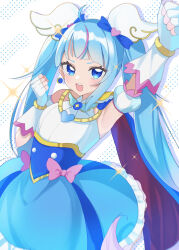 Rule 34 | 1girl, absurdres, ahoge, arm up, armpits, blue cape, blue eyes, blue hair, bow, cape, cure sky, detached sleeves, dress, earrings, fingerless gloves, gloves, gradient hair, hair ornament, highres, hirogaru sky! precure, jewelry, magical girl, multicolored hair, pink bow, pink hair, precure, puffy detached sleeves, puffy sleeves, red cape, single earring, solo, sora harewataru, two-sided cape, two-sided fabric, white gloves, wing hair ornament, yoshino (mfmfpng)