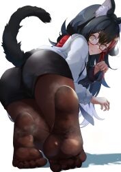 Rule 34 | 1girl, :3, absurdres, animal ear fluff, animal ears, ass, bent over, black hair, black shorts, black tail, breasts, brown pantyhose, closed mouth, double-parted bangs, feet, foot focus, full body, glasses, hair between eyes, hair ornament, hand up, highres, hololive, hood, hood down, hoodie, kneeling, legs, long hair, long sleeves, medium breasts, momiji akiba, multicolored hair, no shoes, ookami mio, ookami mio (casual), pantyhose, pantyhose under shorts, red-framed eyewear, shadow, short shorts, shorts, simple background, smell, soles, solo, steaming body, streaked hair, tail, toes, virtual youtuber, white background, white hoodie, wolf girl, wolf tail, yellow eyes
