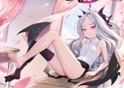 Rule 34 | 1girl, arm support, bare arms, bare shoulders, barefoot, black shorts, black thighhighs, blue archive, breasts, collared shirt, curtains, demon horns, demon wings, desk, falling petals, halo, highres, hina (blue archive), horns, leaning back, legs, legs up, long hair, looking at viewer, on desk, parted lips, petals, pink eyes, rui rubellent, shirt, shorts, single thighhigh, sitting, on desk, slim legs, slit pupils, small breasts, solo, thighhighs, toes, white hair, white shirt, wind, wings