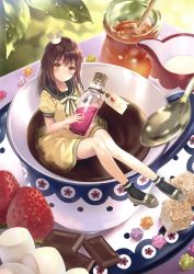 Rule 34 | 1girl, absurdres, blouse, blush, braid, brown eyes, brown hair, candy, chocolate, chocolate bar, coffee, coffee mug, crown, cup, food, from above, fruit, fukahire (ruinon), half updo, head tilt, highres, holding, honey, long hair, looking at viewer, mini crown, mini person, minigirl, mug, original, pitcher (container), scan, shirt, short sleeves, skirt, smile, solo, spoon, strawberry, sugar cube, yellow shirt, yellow skirt