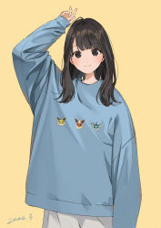 Rule 34 | 1girl, absurdres, ahoge, arm up, blue sweater, blush, brown eyes, character print, closed mouth, commentary request, creatures (company), dated, flareon, game freak, gen 1 pokemon, highres, jolteon, long hair, long sleeves, looking at viewer, nintendo, original, pokemon, pokemon (creature), print sweater, sako (35s 00), simple background, sleeves past wrists, smile, solo, sweater, vaporeon, yellow background