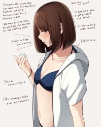 Rule 34 | 1girl, alternate language, arrow (symbol), bikini, blue bikini, blue nails, blush, bob cut, breasts, brown eyes, brown hair, cleavage, collarbone, drawstring, english text, grey background, hand up, highres, hood, hood down, hooded jacket, jacket, kapatarou, looking at viewer, nail polish, navel, open clothes, open jacket, original, parted lips, short hair, short sleeves, simple background, small breasts, solo, swimsuit, thick eyebrows, white jacket