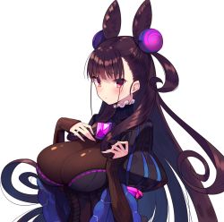 Rule 34 | 1girl, blush, breasts, brown hair, closed mouth, commentary request, cone hair bun, double bun, dress, fate/grand order, fate (series), frilled shirt collar, frills, hair between eyes, hair bun, hair ornament, highres, large breasts, long hair, looking at viewer, murasaki shikibu (fate), puffy sleeves, red eyes, simple background, solo, usamata, very long hair