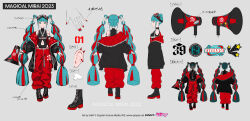 Rule 34 | 1girl, 39, aqua eyes, aqua hair, baggy pants, bare shoulders, belt, black footwear, black jacket, black shirt, blunt bangs, boots, chain, chain necklace, character sheet, clothing cutout, cross-laced footwear, crypton future media, detached hair, down jacket, ear spike, earrings, from behind, from side, full body, goggles, goggles on head, grey background, hatsune miku, high heel boots, high heels, hip vent, holding, holding megaphone, jacket, jewelry, lace-up boots, lam (ramdayo), magical mirai (vocaloid), magical mirai miku, magical mirai miku (2023), megaphone, multicolored hair, multiple views, nail polish, necklace, off shoulder, official art, open clothes, open jacket, pants, piapro, red hair, red jacket, red nails, red pants, ring hair ornament, second-party source, shirt, shoulder tattoo, sidelocks, sleeveless, sleeveless shirt, smile, stomach cutout, straight-on, tattoo, translation request, twintails, two-tone hair, vocaloid