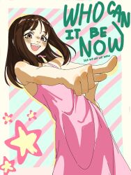 1girl azumanga_daiou bare_arms blush border brown_eyes brown_hair gradient_border hand_on_own_hip highres kasuga_ayumu kyuunn lyrics music nightgown open_mouth pink_nightgown pointing singing solo star_(symbol)