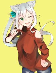Rule 34 | 1girl, ;d, animal ear fluff, animal ears, blue legwear, bow, breasts, brown sweater, cat ears, green bow, green eyes, grey hair, hair between eyes, hair bow, hair ornament, hand on own hip, hand up, highres, hizuki miu, long hair, looking at viewer, off shoulder, one eye closed, open mouth, pointing, pointing at viewer, side ponytail, sithe, smile, solo, standing, sweater, turtleneck, turtleneck sweater, virtual youtuber, wactor production, white hair, yellow background