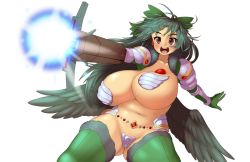 Rule 34 | 1girl, :d, arm cannon, armor, belly, blue hair, blush, bouncing breasts, bow, breasts, brown eyes, curvy, d.koutya, hair bow, huge breasts, long hair, looking at viewer, navel, open mouth, pasties, plump, reiuji utsuho, reverse bikini armor, reverse outfit, round teeth, smile, solo, teeth, thick thighs, thighhighs, thighs, third eye, touhou, transparent background, weapon, wings