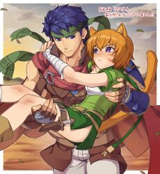 1boy 1girl animal_ears blue_eyes blue_hair blush border brown_gloves carrying carrying_person cat_ears cat_girl closed_mouth commentary_request commission fire_emblem fire_emblem:_radiant_dawn gloves green_headband hair_between_eyes headband highres ike_(fire_emblem) lethe_(fire_emblem) muscular muscular_male nintendo nyo02921978 orange_hair outside_border purple_eyes short_hair skeb_commission tail translation_request white_border