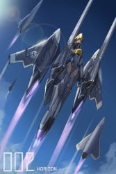 Rule 34 | 1girl, absurdres, aircraft, airplane, armor, blue leotard, cloud, commentary, english commentary, expressionless, fighter jet, flying, highres, jet, lens flare, leotard, looking up, mecha musume, military, military vehicle, original, sky, solo, thrusters, zen (jirakun)