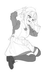 Rule 34 | 1girl, apron, blood, blood on clothes, blunt bangs, blush, boku no hero academia, double bun, fangs, greyscale, hair bun, highres, maid, maid apron, maid headdress, messy hair, monochrome, open mouth, shoes, simple background, sitting, solo, thighhighs, toga himiko, wariza, wootsang