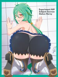 Rule 34 | 1girl, absurdres, animal ears, ass, ass focus, blush, boots, dog ears, gado soulsilver, genshin impact, glasses, green hair, hand on wall, high heel boots, high heels, highres, kneeling, looking at viewer, on the ground, orange eyes, panties, panties through clothes, ponytail, saliva, saliva trail, shorts, shorts under skirt, skirt, sucrose (genshin impact), sweat, sweatdrop, thick thighs, thighs, underwear