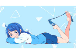 Rule 34 | 1girl, alternate hairstyle, arm pillow, artistic error, barefoot, blue background, blue eyes, blue hair, blue shirt, blue skirt, commentary, covered mouth, crossed arms, cut bangs, from side, hair down, hirogaru sky! precure, kyanos (b 0000ff), legs up, long hair, long sleeves, looking at viewer, lying, miniskirt, on stomach, pleated skirt, precure, pulling own clothes, shirt, skirt, solo, sora harewataru, t-shirt, thighhighs pull, wrong foot