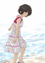 Rule 34 | 1girl, amagami, blush, brown hair, closed eyes, commentary request, dress, feet out of frame, keisuke (0320030103200301), open mouth, sandals, short hair, smile, solo, strapless, strapless dress, striped clothes, striped dress, tachibana miya
