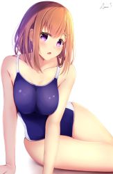 Rule 34 | 1girl, amane 1906, bare arms, bare legs, bare shoulders, blush, breasts, collarbone, commentary request, hair ornament, hairclip, highres, large breasts, looking at viewer, medium hair, open mouth, original, purple eyes, signature, simple background, sitting, solo, swimsuit, thighs, white background