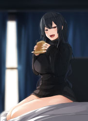 Rule 34 | 1girl, :d, black sweater, blurry, blurry background, bread slice, breasts, commentary request, curtains, day, depth of field, eyebrows hidden by hair, fang, food, hair between eyes, hands up, highres, holding, holding food, indoors, large breasts, long hair, long sleeves, meth (emethmeth), on bed, open mouth, original, red eyes, ribbed sweater, sitting, sleeves past wrists, smile, solo, sunlight, sweater, toast, turtleneck, turtleneck sweater, very long hair, window