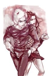Rule 34 | 2boys, bad id, bad pixiv id, blue eyes, fur hat, green eyes, hat, horns, jojo no kimyou na bouken, lipstick, long hair, makeup, male focus, multiple boys, nail polish, narciso anasui, red theme, spot color, weather report, wellycheee