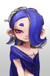 Rule 34 | androgynous, asymmetrical hair, blue hair, cephalopod eyes, chest sarashi, earrings, eeveebooyah, hair ornament, hand fan, highres, jewelry, looking at viewer, nintendo, octoling, octoling player character, off shoulder, pointy ears, pointy hair, poncho, red eyes, sarashi, shiver (splatoon), smile, splatoon (series), splatoon 3, suction cups, tentacle hair