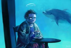 Rule 34 | 1boy, aquarium, arthur dent, bags under eyes, bathrobe, brown hair, bubble, chair, commentary, cup, dolphin, halo, koto inari, male focus, messy hair, pajamas, pointy nose, saucer, table, teacup, the hitchhiker&#039;s guide to the galaxy