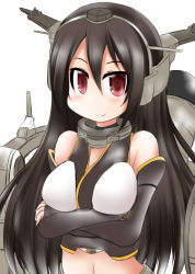 Rule 34 | 1girl, bare shoulders, black gloves, black hair, breasts, crossed arms, elbow gloves, fingerless gloves, gloves, headgear, kantai collection, large breasts, long hair, machinery, midriff, nagato (kancolle), navel, ouno (nounai disintegration), red eyes, simple background, smile, solo, white background