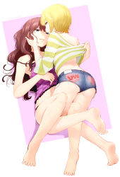 Rule 34 | 2girls, ass, barefoot, blonde hair, blue eyes, brown hair, camisole, feet, green eyes, hand on another&#039;s cheek, hand on another&#039;s face, heart, highres, ichinose shiki, idolmaster, idolmaster cinderella girls, long hair, looking at viewer, miyamoto frederica, multiple girls, nagian, panties, parted lips, shirt, short hair, short shorts, shorts, smile, soles, striped clothes, striped shirt, toes, underwear, wavy hair, yuri