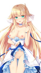Rule 34 | 1girl, absurdres, aurora (azur lane), azur lane, bare legs, bare shoulders, blonde hair, blush, bracelet, breasts, breasts out, choker, clothes lift, collarbone, cowboy shot, dress, dress lift, floating hair, frilled dress, frills, gluteal fold, green eyes, hair ornament, highres, jewelry, lifted by self, long hair, medium breasts, musical note, musical note hair ornament, musical note print, nanairo fuusen, nipples, open mouth, pussy, simple background, sleeveless, sleeveless dress, solo, staff (music), straight hair, thighs, treble clef, musical note hair ornament, white background, white dress