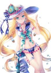 Rule 34 | 1girl, absurdres, bikini, blonde hair, blue eyes, bracelet, choker, clock, earrings, facial mark, forehead mark, gem, hat, hat ornament, highres, hourglass, jewelry, long hair, looking at viewer, moriarty (sid story), navel, sailor bikini, sailor collar, sid story, sliverbin, smile, solo, summer, swimsuit, thigh gap, thigh strap, transparent background, very long hair, water, water drop