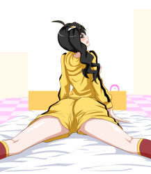 Rule 34 | 1girl, ahoge, araragi karen, arm support, asymmetrical hair, bakemonogatari, black hair, blush, breasts, egg (food), food, fried egg, grey eyes, hair ornament, highres, hood, hooded track jacket, jacket, kneepits, long hair, looking at viewer, looking back, medium breasts, monogatari (series), nipples, nisemonogatari, open clothes, open mouth, shima-shuu, shorts, side ponytail, solo, spread legs, track jacket, translation request