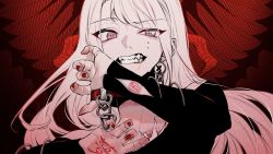 Rule 34 | 1girl, bad id, bad twitter id, black sweater, chain, dear: (utaite), fangs, floating hair, hair behind ear, highres, indie utaite, long hair, looking at viewer, nail polish, open hand, open mouth, original, pink eyes, portrait, red nails, scowl, solo, sweater, utaite, white hair, xoco