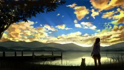 Rule 34 | 1girl, bird, blue sky, cloud, commentary request, dog, facing away, flock, from behind, gensuke (ryun), grass, highres, lake, landscape, leaf, light rays, mountainous horizon, original, outdoors, pet walking, scenery, sky, solo, standing, sunbeam, sunlight, sunset, tree, water, yellow clouds