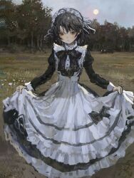 Rule 34 | 1girl, absurdres, ahoge, apron, black bow, black bowtie, black dress, black hair, bow, bowtie, brown eyes, car, day, dress, forest, frilled apron, frills, grass, highres, lace, lace-trimmed dress, lace trim, layered dress, light blush, long dress, long sleeves, maid, maid apron, maid headdress, motor vehicle, nature, original, outdoors, puffy sleeves, shion (mirudakemann), short hair, skirt hold, standing, sun, tree, white apron