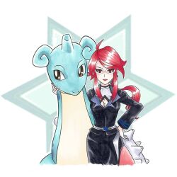 Rule 34 | 1girl, breasts, cleavage cutout, clothing cutout, creatures (company), game freak, gen 1 pokemon, glasses, jon ilustraciones, lapras, large breasts, long hair, long sleeves, looking to the side, lorelei (pokemon), nintendo, pokemon, pokemon lgpe, red eyes, red hair, skirt