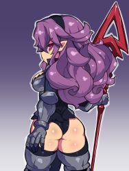 Rule 34 | 1girl, armor, armor knight (disgaea), ass, black hairband, black leotard, disgaea, expressionless, fukurou (owl222), gradient background, grey thighhighs, hairband, highres, holding, holding polearm, holding spear, holding weapon, leotard, long hair, pointy ears, polearm, purple background, purple eyes, purple hair, shiny skin, simple background, solo, spear, thighhighs, weapon