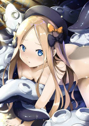 Rule 34 | 1girl, abigail williams (fate), absurdres, black bow, black hat, blonde hair, blue eyes, blush, bow, breasts, commentary request, fate/grand order, fate (series), hair bow, hat, highres, long hair, looking at viewer, nude, orange bow, parted bangs, small breasts, solo, tentacles, zelitto