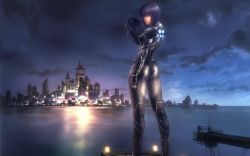 Rule 34 | 1girl, artist request, bob cut, bodysuit, cityscape, cloud, cyberpunk, cyborg, dusk, ghost in the shell, ghost in the shell stand alone complex, gun, highres, kusanagi motoko, looking back, non-web source, purple hair, red eyes, reflection, science fiction, short hair, sky, skyline, solo, submachine gun, water, weapon