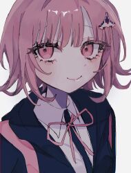 1girl black_jacket brown_hair collared_shirt danganronpa_(series) danganronpa_2:_goodbye_despair highres jacket medium_hair nanami_chiaki neck_ribbon open_clothes open_jacket pink_eyes pink_ribbon ribbon shin_pi_tako shirt smile solo spaceship_hair_ornament two-tone_shirt white_shirt