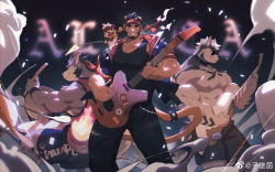 Rule 34 | 3boys, absurdres, alca (wakatanka4), animal ears, bara, beard, beenic, black hair, black shorts, black tank top, commission, confetti, creature, creature on shoulder, dog boy, dog ears, drum, facial hair, feet out of frame, furry, furry male, grin, guitar, highres, holding, holding instrument, instrument, jacket, large pectorals, lion boy, lion ears, lion tail, looking at viewer, male focus, mature male, multiple boys, muscular, muscular male, on shoulder, open clothes, open jacket, original, pectoral cleavage, pectorals, red eyes, short hair, shorts, smile, sunglasses, tail, tank top, thick eyebrows, thick thighs, thighs, zixiong zix