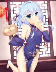 Rule 34 | 1girl, :3, alternate costume, armpit crease, baozi, bare shoulders, black footwear, blue dress, blue hair, blush, breasts, china dress, chinese clothes, closed mouth, commentary request, detached sleeves, double bun, dress, eating, food, foot out of frame, green eyes, hair between eyes, hair bun, hair intakes, hair ribbon, hamidashi creative, high heels, highres, hip vent, holding, holding food, indoors, light blue hair, looking at viewer, medium hair, nanatsu (na na tsu), nishiki asumi, no panties, purple ribbon, ribbon, short sleeves, sidelocks, small breasts, smile, solo, standing, standing on one leg, thighs, wide sleeves