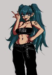 Rule 34 | absurdres, black choker, blue hair, character name, choker, clothes writing, commentary, crazy smile, crop top, goth fashion, hagane miku, hatsune miku, highres, krustthing, navel piercing, piercing, self-upload, sharp teeth, smile, tattoo, teeth, tongue piercing, vocaloid