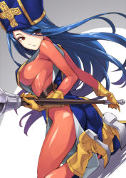 Rule 34 | 1girl, ass, bad id, bad pixiv id, blue hair, blue hat, blue tabard, blush, bodysuit, boots, breasts, chunsoft, dragon quest, dragon quest iii, enix, eyes visible through hair, gloves, gold trim, hair over one eye, hat, impossible clothes, large breasts, long hair, looking at viewer, looking back, mace, matsuryuu, mitre, priest (dq3), red eyes, skin tight, solo, tabard, very long hair, weapon