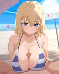 Rule 34 | 1boy, 1girl, absurdres, bare arms, bare shoulders, beach, beach umbrella, bikini, blonde hair, blue eyes, blue sky, blush, breasts, claudia bruford, cleavage, cloud, day, hair ornament, hairclip, hands on breasts, highres, large breasts, long hair, paizuri, paizuri under clothes, penis, senyoku no sigrdrifa, sky, smile, striped bikini, striped clothes, sweat, swimsuit, twitching, umbrella, yousui