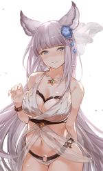 Rule 34 | 10s, absurdres, animal ears, arm behind back, bare shoulders, bikini, blue eyes, blunt bangs, blush, bracelet, breasts, bright pupils, brooch, cleavage, cowboy shot, erune, flower, granblue fantasy, hair flower, hair ornament, hana mori, highres, jewelry, korwa, korwa (summer) (granblue fantasy), large breasts, long hair, navel, o-ring, o-ring bikini, parted lips, silver hair, simple background, smile, solo, swimsuit, very long hair, white background