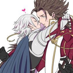 Rule 34 | 2boys, blush, brown hair, corrin (fire emblem), corrin (male) (fire emblem), fire emblem, fire emblem fates, flat color, hug, kiss, male focus, multiple boys, nintendo, ryoma (fire emblem), silver hair, simple background, size difference, sweat, u (lastcrime), white background, yaoi