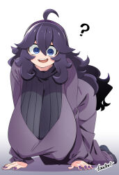 Rule 34 | 1girl, ?, @ @, ahoge, all fours, blue eyes, breasts, covered erect nipples, creatures (company), dress, game freak, gigantic breasts, gradient background, grey background, hair between eyes, hairband, hanging breasts, hex maniac (pokemon), highres, huge breasts, long dress, long hair, long sleeves, looking at viewer, nail polish, nintendo, open mouth, pokemon, pokemon xy, purple dress, purple hair, purple nails, smile, solo, sweater, teeth, tongue, toudori, turtleneck, turtleneck sweater, upper teeth only, white background