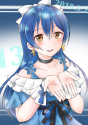 Rule 34 | 1girl, absurdres, apron, artist request, basket, blue bow, blue dress, blue hair, blue shirt, blush, bow, dress, female focus, food, hair bow, hair ornament, hairpin, head scarf, heart, highres, holding, holding basket, kyouou ena, long hair, looking at viewer, love live!, love live! school idol festival, love live! school idol project, pinafore dress, rin5325, sash, shirt, short sleeves, sleeveless dress, smile, solo, sonoda umi, white apron, yellow eyes