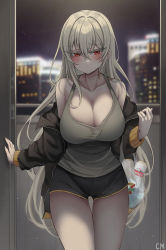 Rule 34 | 1girl, :/, absurdres, bag, bare shoulders, biya (1024), black jacket, black shorts, blurry, blurry background, blush, breasts, building, can, city, cleavage, collarbone, depth of field, doorway, facing viewer, hair between eyes, highres, holding, holding bag, jacket, large breasts, leaning forward, long eyelashes, long hair, looking at viewer, mask, nervous, night, night sky, off-shoulder jacket, off shoulder, original, red eyes, shirt, shorts, sidelocks, signature, sky, sleeveless, sleeveless shirt, solo, tank top, thigh gap, thighs, very long hair, white hair