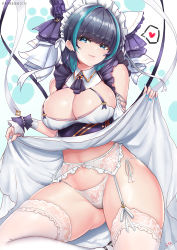 Rule 34 | 1girl, aqua eyes, azur lane, black hair, blush, breasts, cheshire (azur lane), cleavage, clothes lift, commentary, commentary request, cyicheng, detached sleeves, dress, dress lift, frills, garter belt, garter straps, hairband, heart, large breasts, lifting own clothes, looking at viewer, maid headdress, multicolored hair, nail polish, navel, panties, partial commentary, puffy sleeves, ribbon, sitting, smile, solo, spoken heart, streaked hair, thighhighs, thighs, underwear, white panties, white thighhighs, wrist cuffs