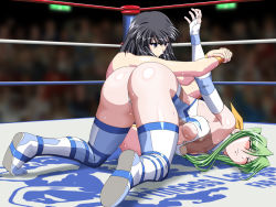 Rule 34 | 2girls, armbar, ass, bent over, black hair, blush, boots, breasts, closed eyes, elbow gloves, gloves, green hair, hair ribbon, leotard, long hair, minami toshimi, multiple girls, noppo-san, purple eyes, pussy juice, ribbon, sakurai chisato, short hair, submission, submission hold, sweat, thigh boots, thighhighs, twintails, underboob, wedgie, wince, wrestle angels, wrestle angels survivor, wrestle angels survivor 2, wrestling, wrestling outfit, wrestling ring, wristband