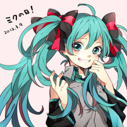 Rule 34 | 1girl, bow, dated, detached sleeves, green eyes, grin, hatsune miku, long hair, nail polish, shirt, sleeveless, sleeveless shirt, smile, solo, tama (songe), twintails, upper body, vocaloid